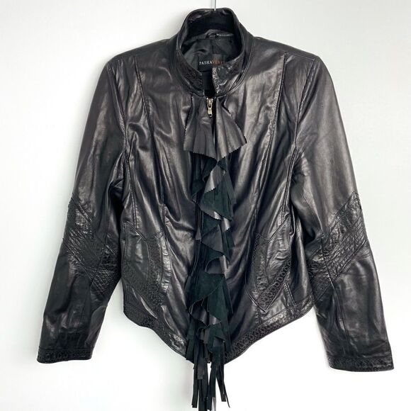 Pasha Veneto Ruffle and fringe genuine leather jacket - Picture 5 of 14